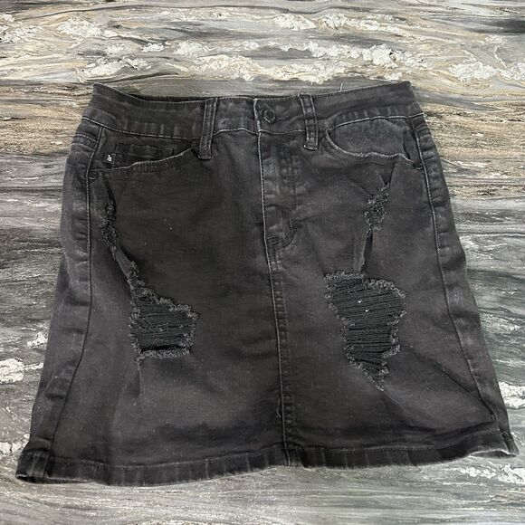 Judy Blue Womens Mini Skirt Small Black Distressed Stretch Logo Denim - Picture 1 of 10